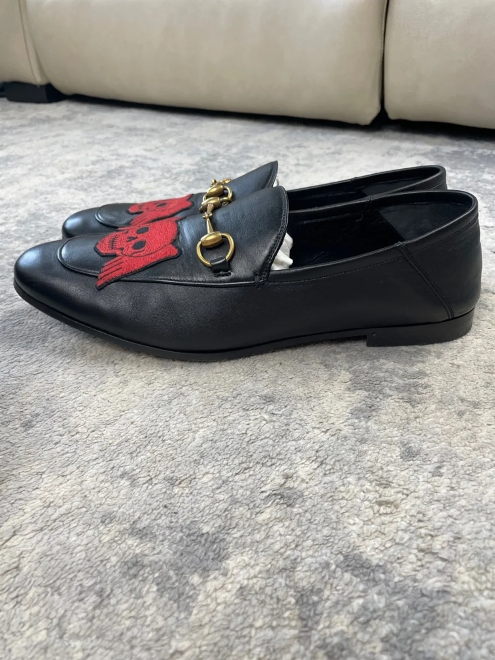 Gucci Black Leather Agnello Plonge Skull Wings Brixton Horsebit Loafers 11.5